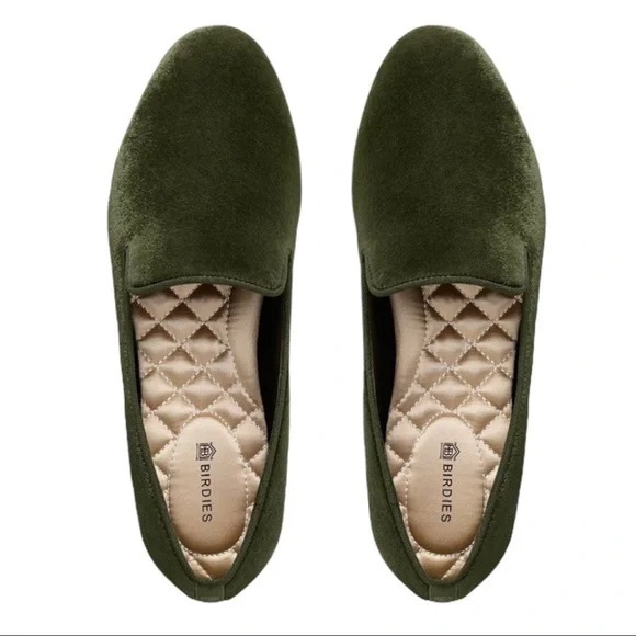 Birdies Shoes - Birdies ‘The Starling’ olive green vegan velvet slip on loafer, size 9M
